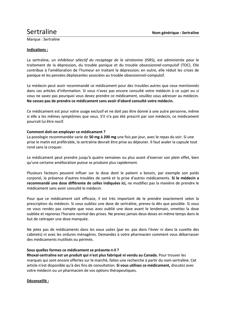 Commander Sertraline Générique