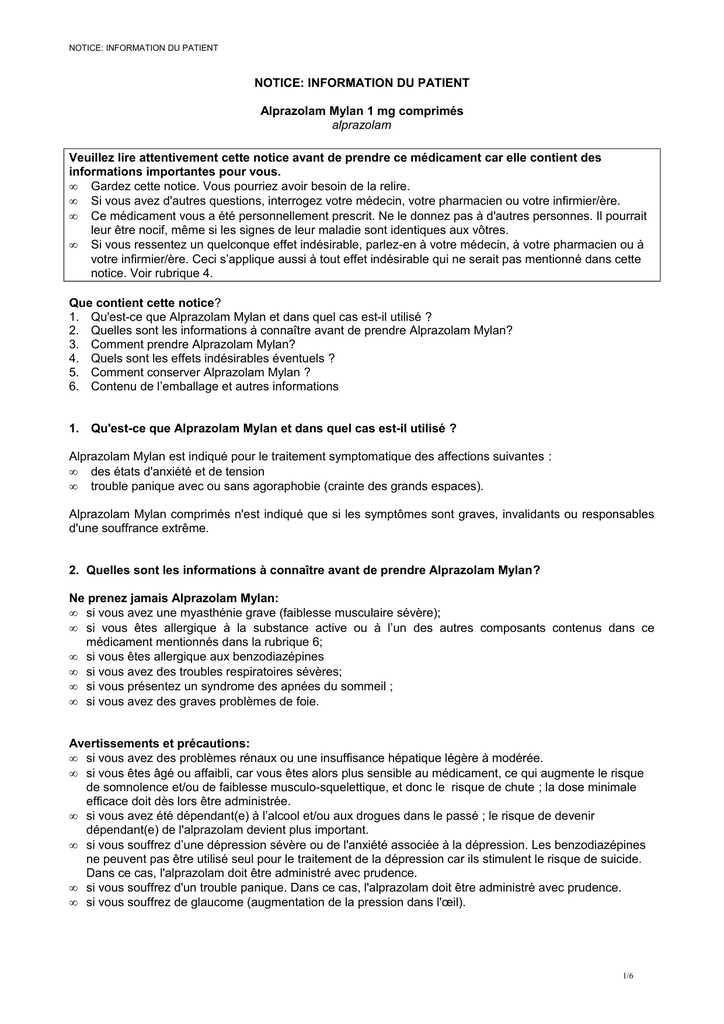 Alprazolam mylan sans ordonnance
